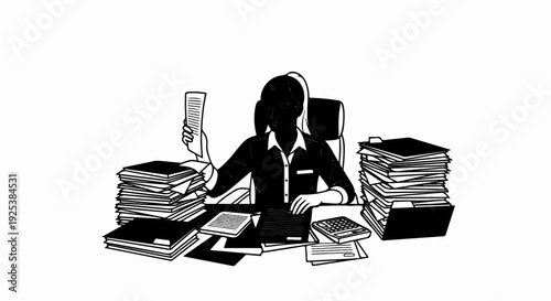Person in office chair surrounded by stacks of documents and files