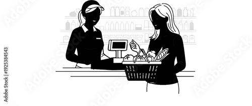 A shopper with a full basket pays a cashier at a store