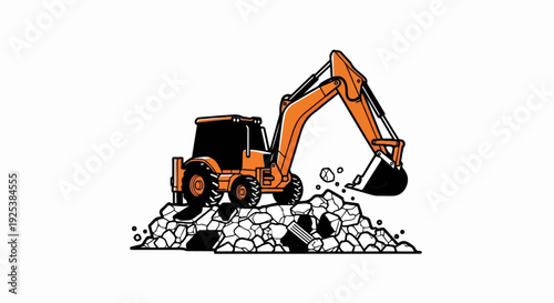 Orange backhoe digging pile of rubble with rocks