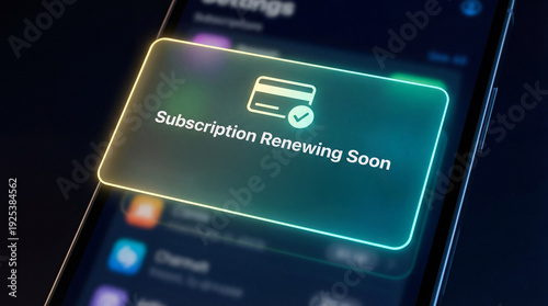 Close up of a smartphone displaying an automated subscription renewal reminder with a payment icon and dark background