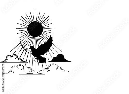 A dove flies in front of a radiating sun, surrounded by clouds
