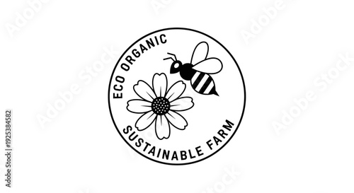 Eco Organic Sustainable Farm Logo with Bee and Daisy Flower Illustration