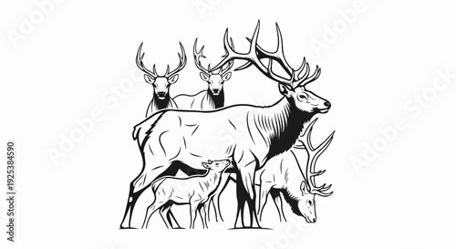 A herd of deer, including fawns, with prominent antlers