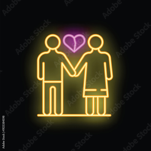 Neon sign of a couple holding hands with a broken heart between them, symbolizing a relationship breakup