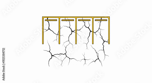 Stylized yellow bars emerge from a surface with extensive black cracks