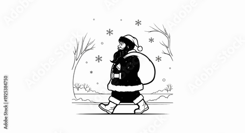 A stylized black and white drawing of Santa Claus walking with his sack