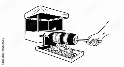 A vendor's hand rotates a layered dessert over a fire at a food stall