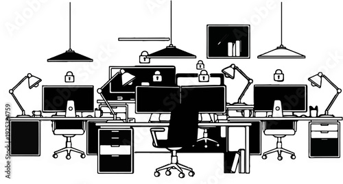 Stylized office workstations with multiple monitors, desks, chairs, and locked icons