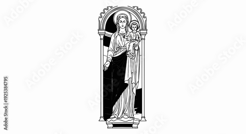 A black and white illustration of a draped figure holding a child