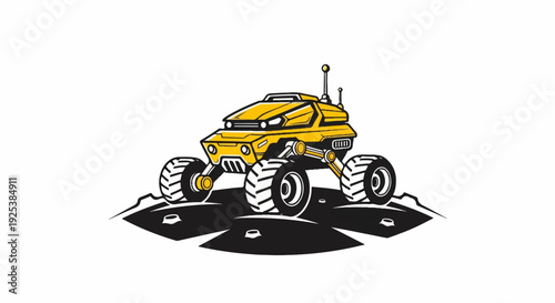 A yellow robotic vehicle with large wheels explores a rocky surface