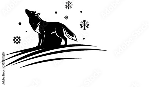 Stylized black wolf howls at snowy sky over abstract snowy ground