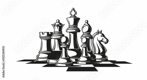 Stylized arrangement of chess pieces and board squares in black and white