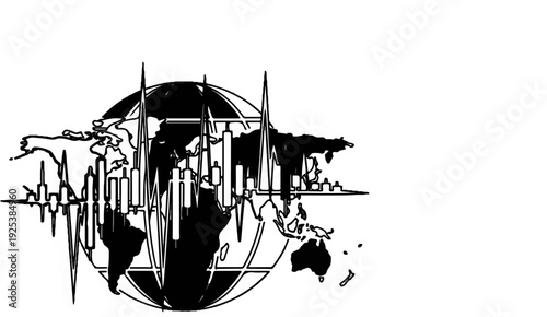 Abstract globe with superimposed financial chart and sound wave graphics