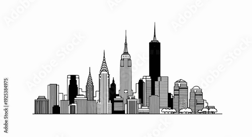 Stylized black and white illustration of a bustling city skyline