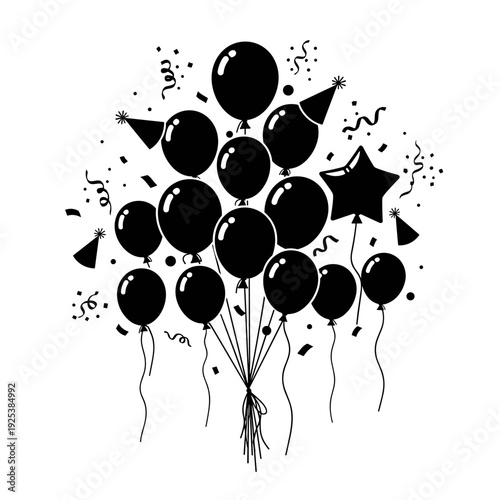 Black balloons with confetti and party hats for celebration and events.
