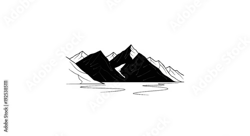 Black and white mountain range reflected in winding water body