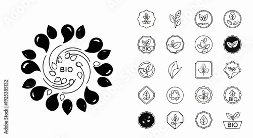 Organic bio emblem design with leaf and liquid drop motifs