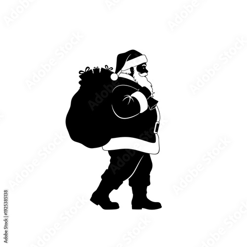 Silhouette of Santa Claus carrying a large sack of Christmas gifts on his back.