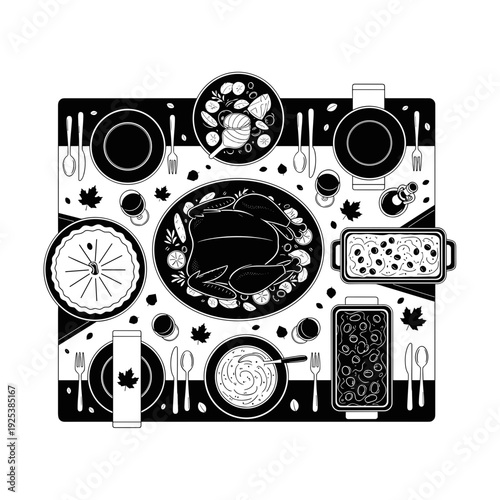Thanksgiving dinner table setting with turkey, pie, and side dishes in black and white.