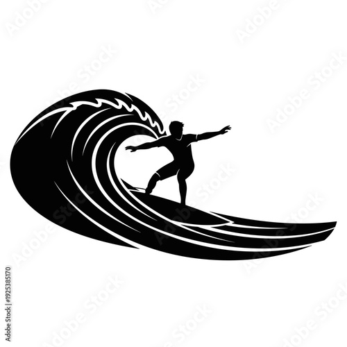 Silhouette of a surfer riding a large ocean wave in black and white.