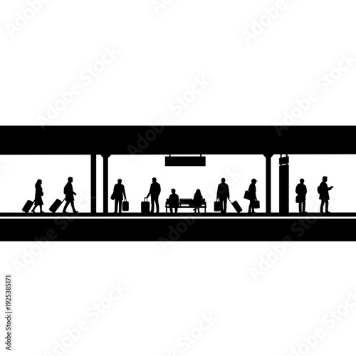 Silhouette of people waiting on a train platform with luggage and bags.