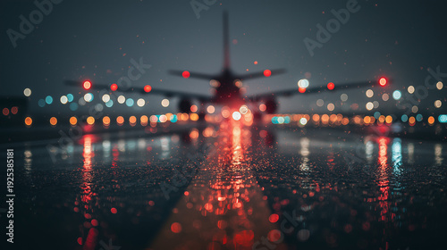 AI generator images of The airport at night during a rainstorm creates beautiful reflections on the water.