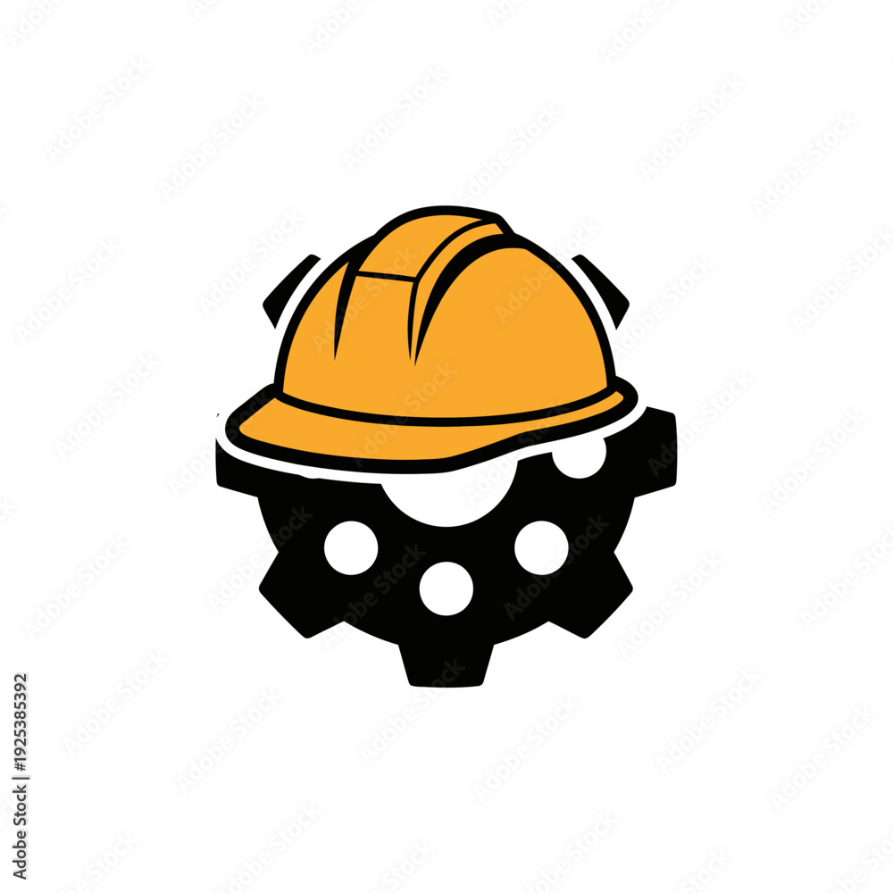 Fototapeta premium Industrial construction safety hard hat and gear icon logo for engineering and building sector