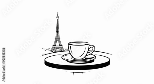Parisian cafe scene with coffee cup and Eiffel Tower illustration