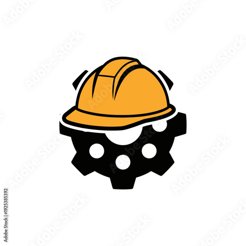 Industrial construction safety hard hat and gear icon logo for engineering and building sector
