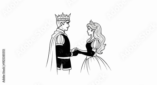 Royal couple in elegant attire, holding hands with smiles