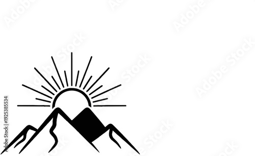 Stylized black and white sun rising over jagged mountains