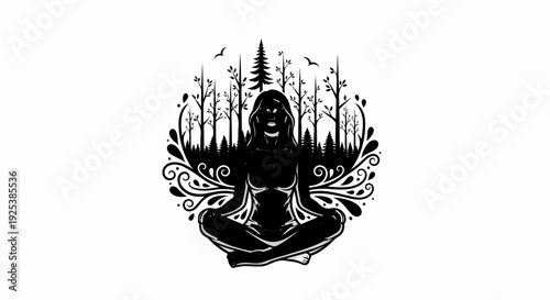Serene figure in meditation, surrounded by a mystical forest and flowing patterns