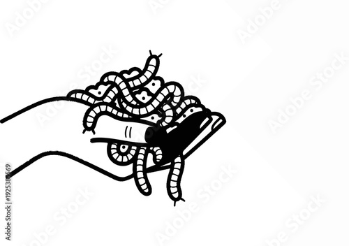 A black and white illustration of a hand holding a pile of wriggling worms