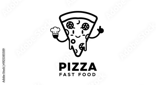 Happy cartoon pizza slice character with chef hat logo design