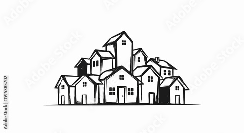 A cluster of simply drawn houses, varying in size and height, create a village feel