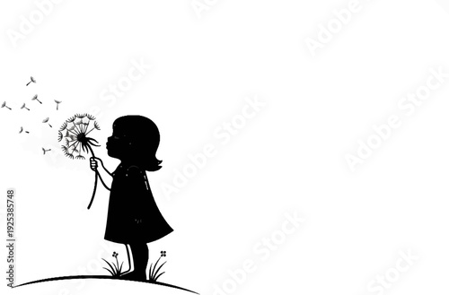 Silhouette of a girl blowing on a dandelion, seeds dispersing