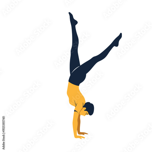 Gymnast performing a handstand with legs split in the air, vector illustration.