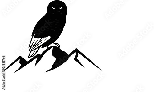 Black owl perched atop sharp, jagged mountain peaks