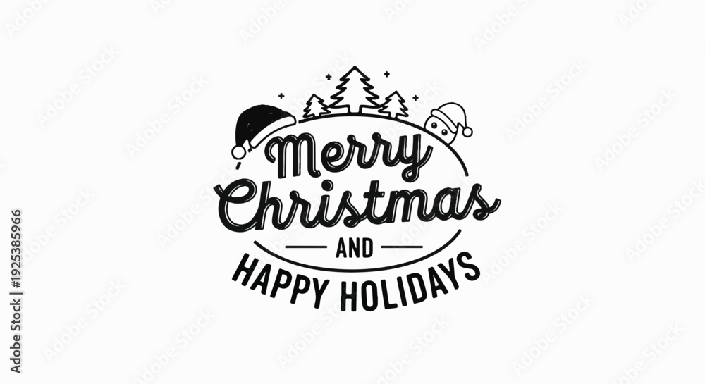 Fototapeta premium Festive holiday greeting with Santa hats, trees, and text