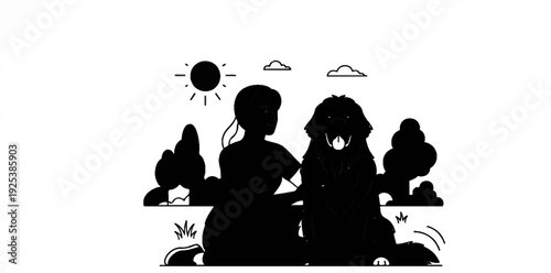 A person and their large dog sit together under a sunny sky