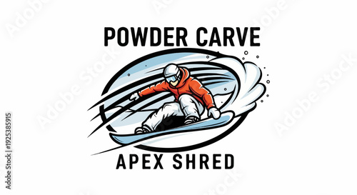 Snowboarder carving through powder snow in a dynamic action illustration