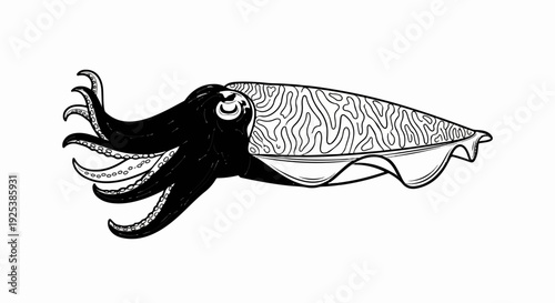 Detailed black and white illustration of a cuttlefish with intricate patterns on its mantle