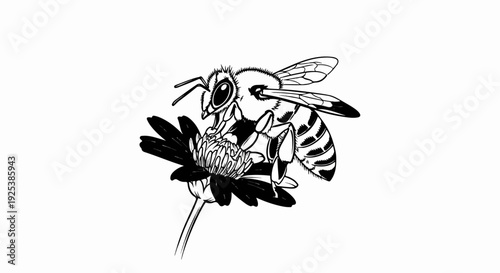 Detailed ink drawing of a striped bee collecting nectar from a dark flower