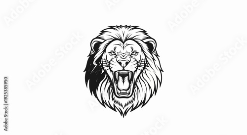 Ferocious lion head with open mouth and sharp teeth, drawn in a graphic style