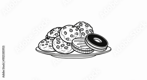 A plate filled with assorted cookies including chocolate chip and sandwich cookies