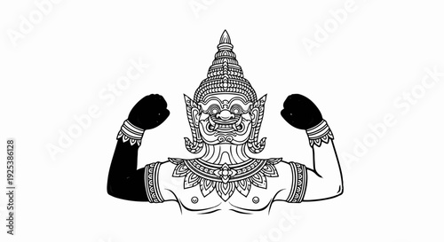 Mythical warrior figure with ornate headdress and boxing gloves