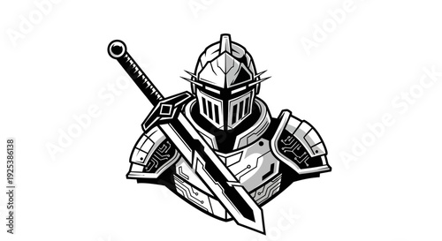 Monochrome Knight with Sword Emblem - Medieval Warrior Armor Illustration