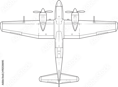 A detailed technical drawing of a vintage airplane with propellers and wings