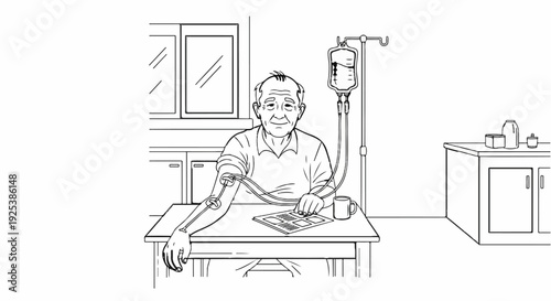 Elderly man receiving medical treatment with intravenous drip in a room