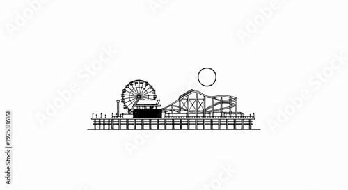 Line drawing of a pier with a Ferris wheel and rollercoaster under a circular shape